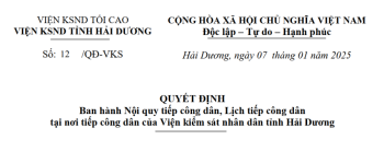 Nội quy tiếp công dân, lịch tiếp công dân tại nơi tiếp công dân của VKSND tỉnh Hải Dương