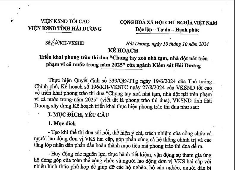 VKSND tỉnh Hải Dương triển khai thực hiện phong trào thi đua  “Chung tay xóa nhà tạm, nhà dột nát trên phạm vi cả nước trong năm 2025”